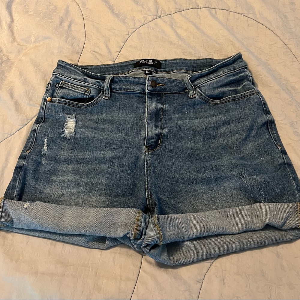 Judy Blue denim distressed shorts; size 1XL (size 14-16).  Gently used.